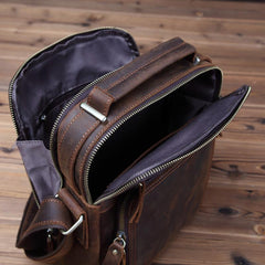 Small Brown Leather Messenger Bag Men's Vertical Side Bag Mini Vertical HandBag Courier Bag For Men