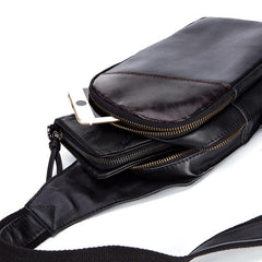Casual Black Leather Mens Sling Bag Chest Bag Black Sling Shoulder Bag One Shoulder Backpack for Men - imessengerbags