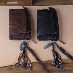 Handmade Genuine Leather Mens Cool Long Leather Wallet Zipper Clutch Wristlet Wallet for Men - imessengerbags