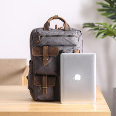 Cool Waxed Canvas Leather Mens Waterproof 15'' Backpack Gray Travel Backpack Hiking Backpack for Men - imessengerbags