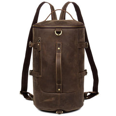 Cool Brown Mens Leather 14 inches Barrel Weekender Bag Bucket Travel Backpack for Men