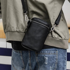 Black Leather Mens MIni Side Bag Messenger Bag Camel Phone Bag Shoulder Bag For Men