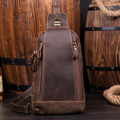 Cool Brown Leather Mens Sling Bag Sling Pack Crossbody Backpack Chest Bag for men