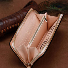 Handmade Leather Mens Clutch Wallet Cool Chinese Dragon Tooled Wallet Long Zipper Wallets for Men - imessengerbags