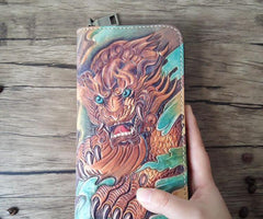 Handmade Leather Chinese Lion Tooled Mens Long Wallet Cool Leather Wallet Clutch Wallet for Men - imessengerbags