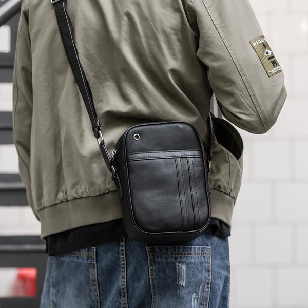 Black LEATHER MENS VERTICAL MINI SIDE BAG SMALL MESSENGER BAGS Black COURIER BAG FOR MEN