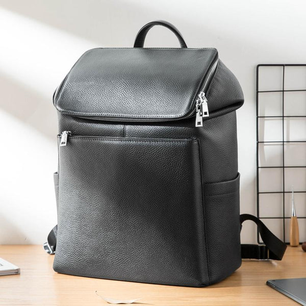 Black Fashion Mens Leather 15-inch Computer Backpacks Travel Backpacks School Backpack for men - imessengerbags