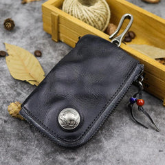 Vintage Brown Leather Men's Car Key Wallet Black Zipper Key Wallet For Men - imessengerbags