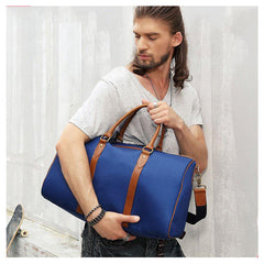 Blue Nylon Leather Mens Travel Bag Weekender Bag Sports Shoulder Bag Large Travel Bag for Men