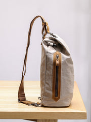 Canvas Leather Mens White Chest Bag One Shoulder Backpack Green Sling Bag for Men - imessengerbags
