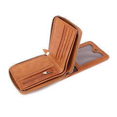 Fashion RFID Black Leather Men's Zipper Small Wallet Brown Zipper billfold Wallet For Men - imessengerbags