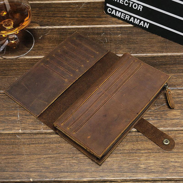 Cool Vintage Mens Brown Leather Brifold Long Wallet for Men Long Wallet - imessengerbags