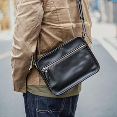 Black Leather Mens Casual Small Courier Bags Messenger Bag Coffee Brown Postman Bag For Men - imessengerbags