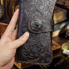 Handmade Leather Floral Mens Cool Travel Long Wallet Card Holder Card Slim Clutch Wallets for Men - imessengerbags