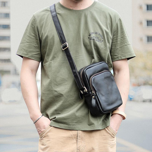 Casual Small Leather Mens Black Side Bags Small Vertical Postman Bag Messenger Bags For Men - imessengerbags