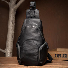 Black Leather Mens Cool Crossbody Pack Sling Bags Black Sling Pack Chest Bag for Men - imessengerbags