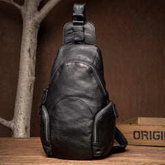 Black Leather Mens Cool Crossbody Pack Sling Bags Black Sling Pack Chest Bag for Men