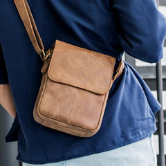 Camel Leather Mens Vertical Mini Side Bag Small Messenger Bags Courier Bag for Men