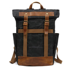 Waxed Canvas Leather Mens Waterproof Black Travel Backpack 15'' Green Computer Hiking Backpack for Men - imessengerbags