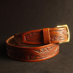 Handmade Vintage Yellow Brown Floral Tooled Leather Mens Belt Carved Leather Belt for Men - imessengerbags