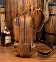 Casual Brown Mens Leather Large Sling Bag One Shoulder Pack Chest Bag Sling Backpack for men - imessengerbags