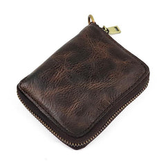 Vintage Leather Brown Men's Bifold Small Wallet Black Zipper billfold Wallet For Men - imessengerbags