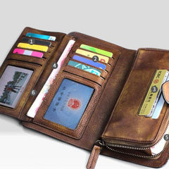 Handmade Leather Mens Cool Long Leather Wallet Trifold Clutch Wallet for Men