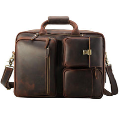 Large Brown Leather Mens Briefcase 15inch Laptop Backpack Work Bag Travel Bag For Men - imessengerbags