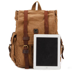 Brown CANVAS Mens Fashion Khaki 16'' Large Travel Bag College Backpack Hiking Backpack For Men - imessengerbags