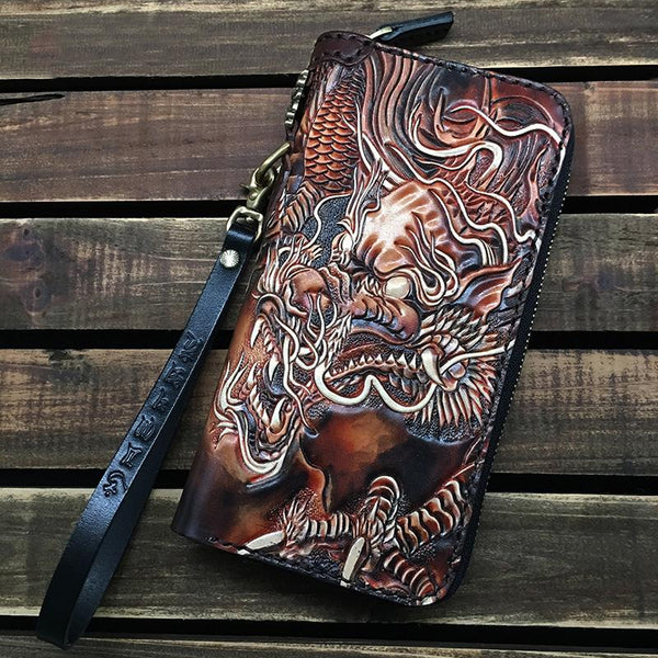 Black Handmade Chinese Dragon Tooled Leather Long Biker Wallet Chain Wallet Clutch Wallet For Men