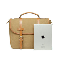 Khaki Canvas Leather Mens Casual Briefcase Shoulder Bag Messenger Bags Casual Courier Bags for Men