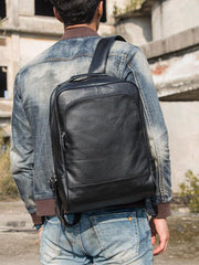 Black Fashion Mens Leather 15-inch Business Computer Backpacks Laptop Backpacks Black College Backpack for men - imessengerbags