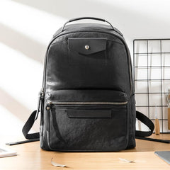 Black Fashion Mens Leather 15-inch Computer Backpacks Travel Backpacks Black College Backpack for men - imessengerbags