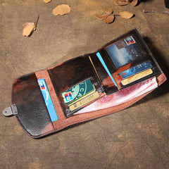 Handmade Leather Mens Graffiti Trifold billfold Wallet Vertical Small Card Wallet For Men