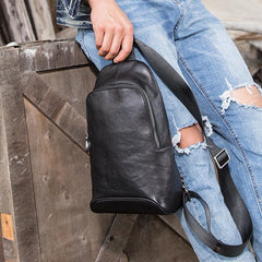 Black Cool Leather Mens Sling Bag Chest Bag Black One Shoulder Backpack Sling Pack for Men - imessengerbags