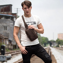 Vintage Brown Leather Mens Crossbody Pack Sling Bag Sling Pack Casual Chest Bags One Shoulder Backpack for Men