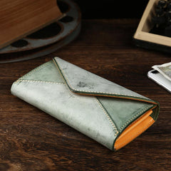 Handmade Leather Mens Gray Envelope Long Wallet Blue Long Wallet Clutch Bag For Men - imessengerbags