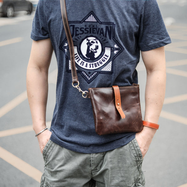 Black Leather Mens Casual Small Courier Bags Messenger Bags Belt Bag Postman Bag For Men - imessengerbags