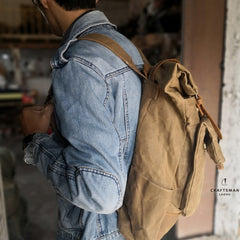 Khaki Oiled Wax Canvas Mens Rollup Backpack Travel Backpack Hiking Backpack Outdoor Backpack For Men - imessengerbags