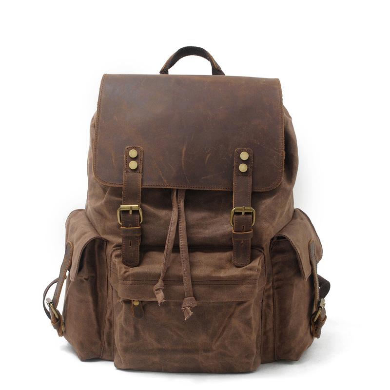 Cool Canvas Leather Mens 15'' Black Computer Backpack Green Hiking Backpack Travel Backpack for Men - imessengerbags