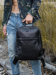 Black Fashion Mens Leather 15-inch Large Business Computer Backpacks Travel Backpacks Black College Backpack for men - imessengerbags