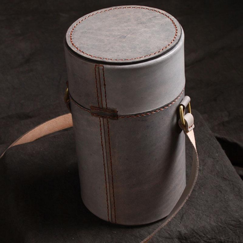 Handmade Gray Leather Mens Barrel Bag Shoulder Bag Messenger Bag for Men