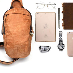 Cool Brown Mens Leather One Shoulder Backpack Chest Bag Sling Bag For Men