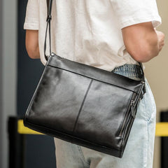Fashion Black Leather Mens 12 inches Side Bag Messenger Bags Black Postman Bag Courier Bag for Men - imessengerbags