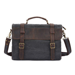 Canvas Leather Mens Vintage Khaki 14'' Briefcase Side Bag Lake Green Messenger Bag Brown Courier Bag for Men - imessengerbags