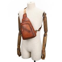 Vintage Brown Leather Men's Sling Bags Chest Bag Brown Sling Pack Sling Backpack For Men