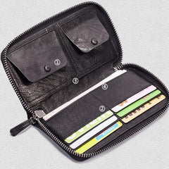 Genuine Leather Mens Cool Long Leather Wallet Zipper Clutch Wallet for Men