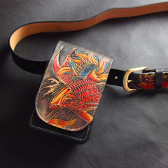 Handmade Tooled Leather Carp Mens Belt Pouch Waist Bag Belt Phone Bag Mobile Bag For Men - imessengerbags