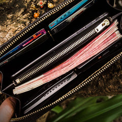 Handmade Leather Tooled White Jambhala Mens Chain Biker Wallet Cool Leather Wallet Zipper Long Phone Wallets for Men