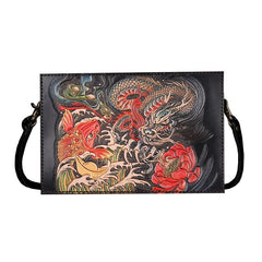 Handmade Black Tooled Dragon Carp Leather Clutch Wristlet Bag Messenger Bag Side Bag For Men - imessengerbags